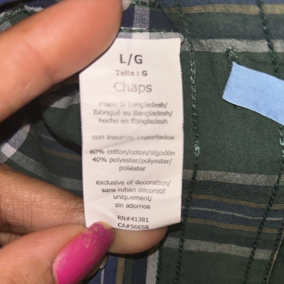 Chaps Easy Care Men's Size L Green/Blue Plaid Long Sleeve Button Down Shirt - Picture 10 of 10